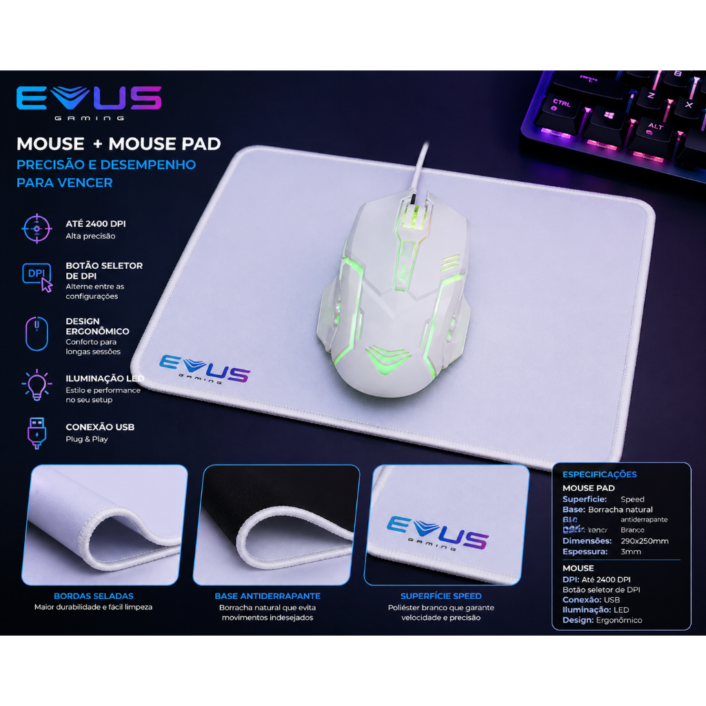 Mouse Gamer Evus MO-09 2400 DPI USB E Mouse Pad Branco Ambidestro Profissional Jogos PC Gamer Alta Performance