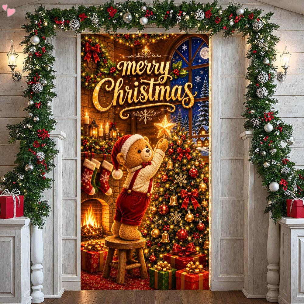 Banner De Cobertura De Porta De Natal 70.86 X 35.43 Polegadas Poliéster Xmas Teddy Bear Lareira Meia Cena De Inverno Pan