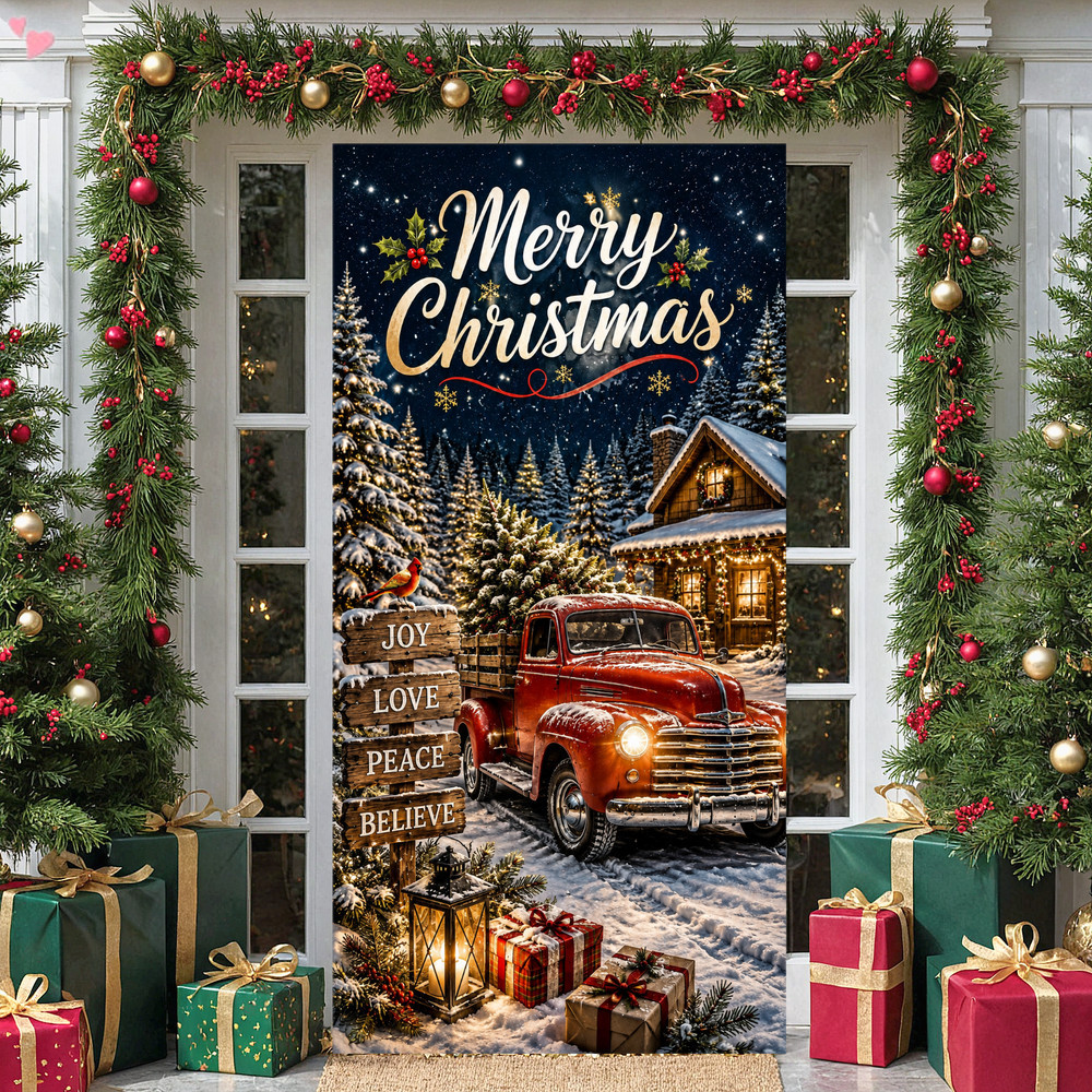 Feliz Natal Banner De Porta 180x90cm Xmas Red Truck Santa Train Capa De Poliéster Com Corda Suspensa Para Da Frente Feri