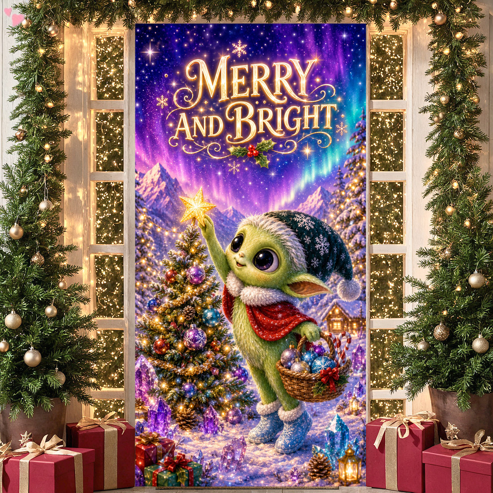 Banner De Capa De Porta De Natal 70.86 X 35.43 Polegadas Poliéster Xmas Cute Alien Creature Pinguim Trenó Aurora Pano De