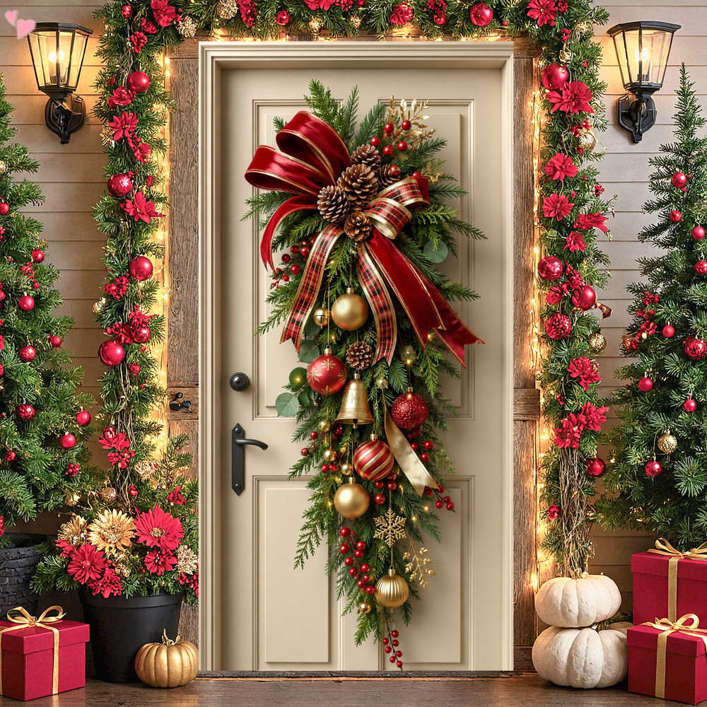 Banner De Cobertura De Porta De Natal 180X90cm/70.86x35.43 Polegadas Poliéster Xmas Bow Bell Pinha Pendurado Pano De Fun