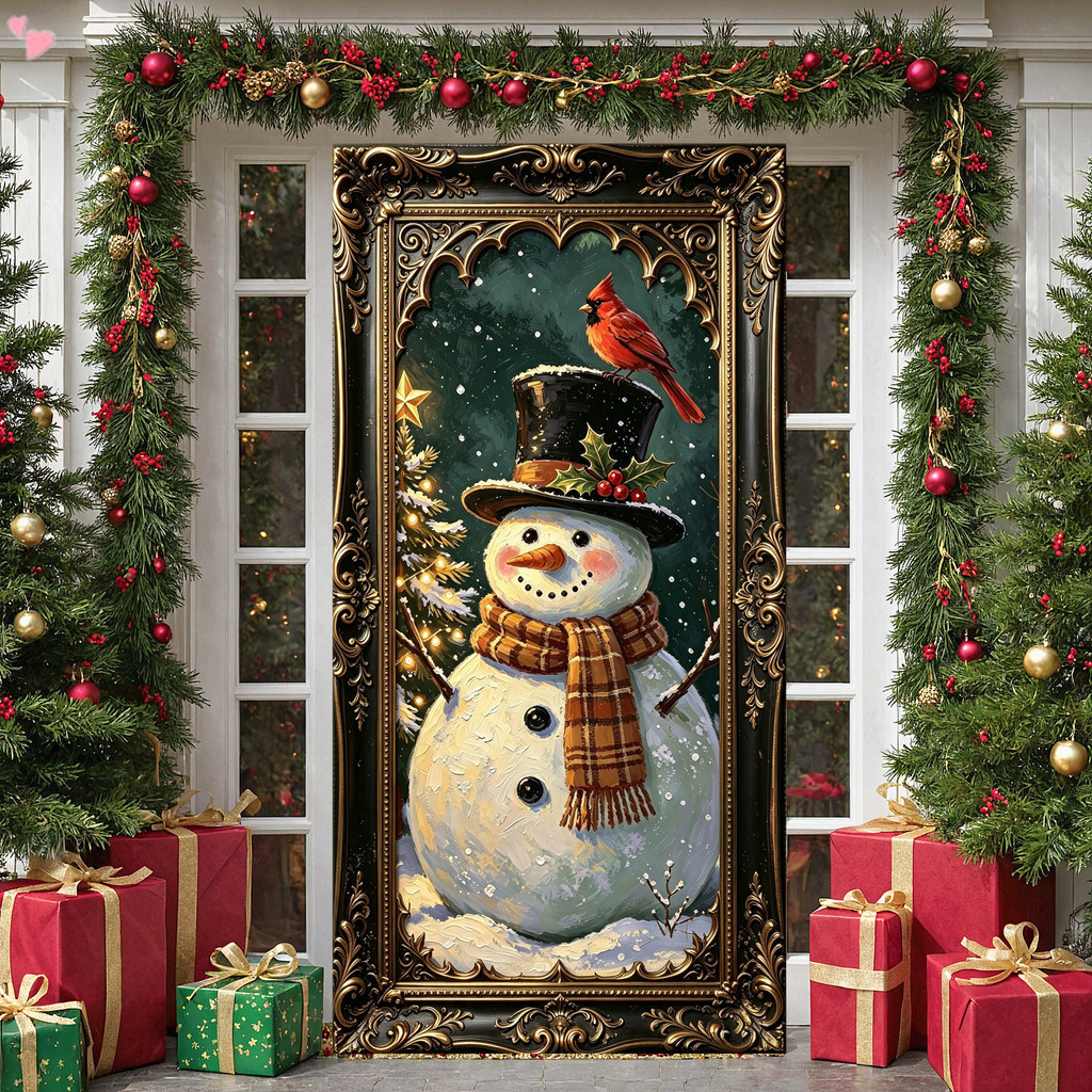 Banner De Capa De Porta De Natal 180X90cm 70.86x35.43 Polegadas Poliéster Xmas Boneco De Neve Rena Cena De Inverno Pano