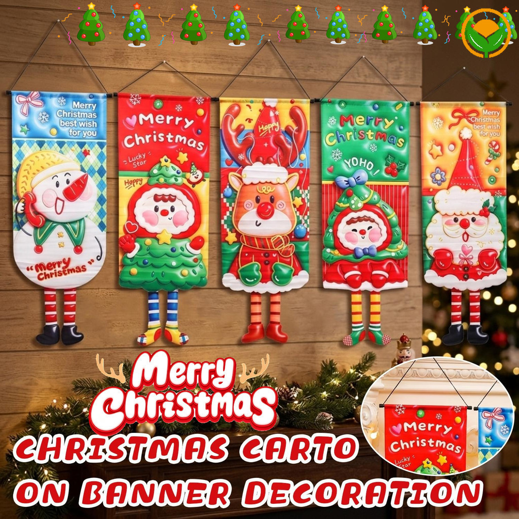 Desenhos Animados De Natal Papai Noel Boneco De Neve Elk Xmas Tree Pattern Banner Suspenso-Bandeira Vertical Reutilizáve