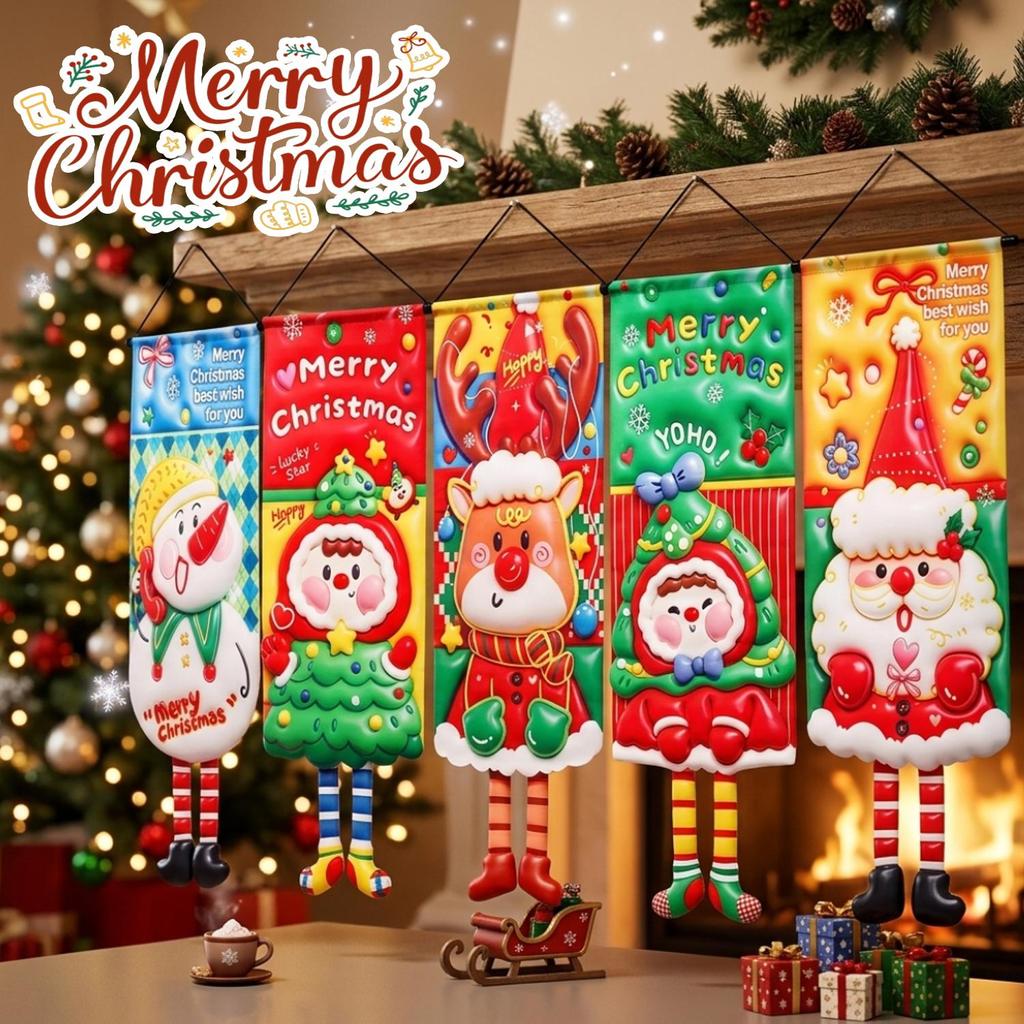 Papai Noel Boneco De Neve Elk Xmas Tree Padrão Banner De Natal Vertical-Bandeira Da Série De Desenho Animado Para Decora