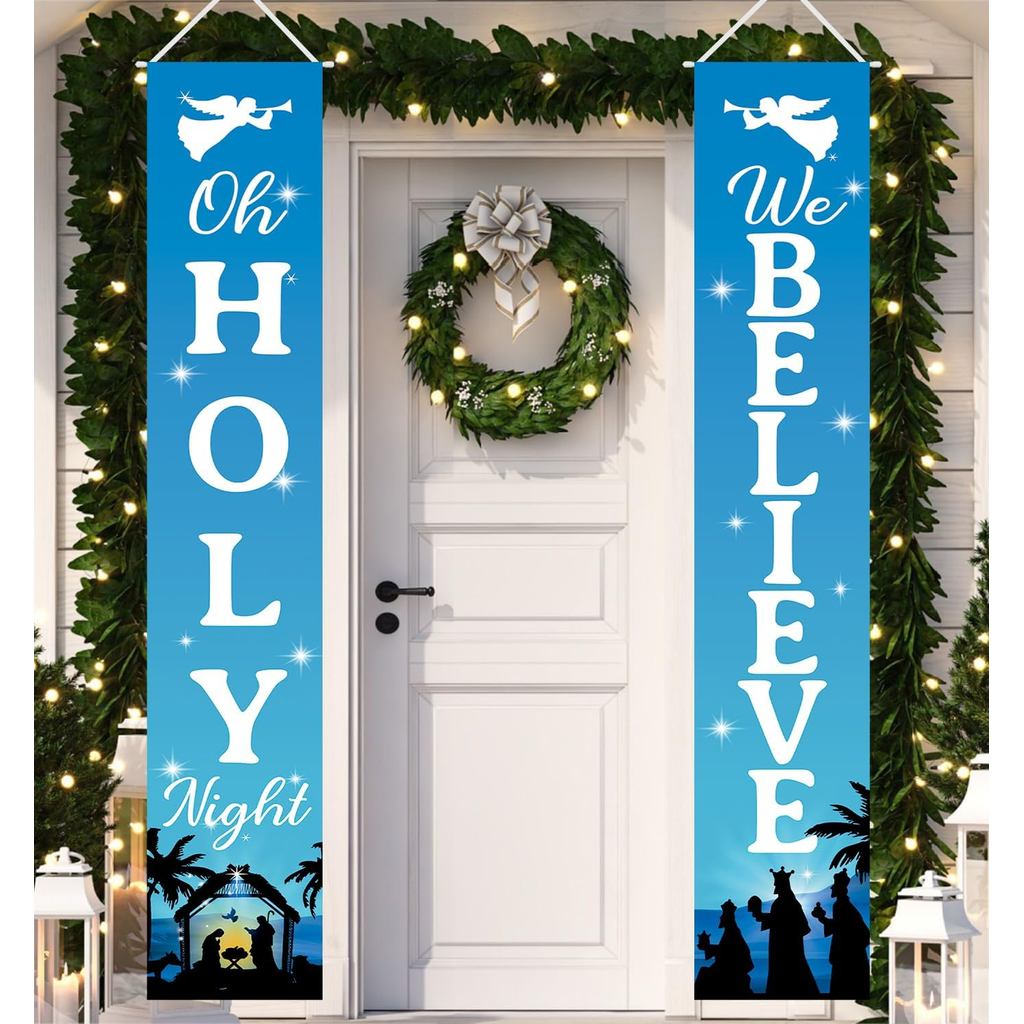 Christmas Decorations Holy Night We Believe Banner Jesus Religious Xmas Porch Door Sign Welcome Banner for Wall Home Par