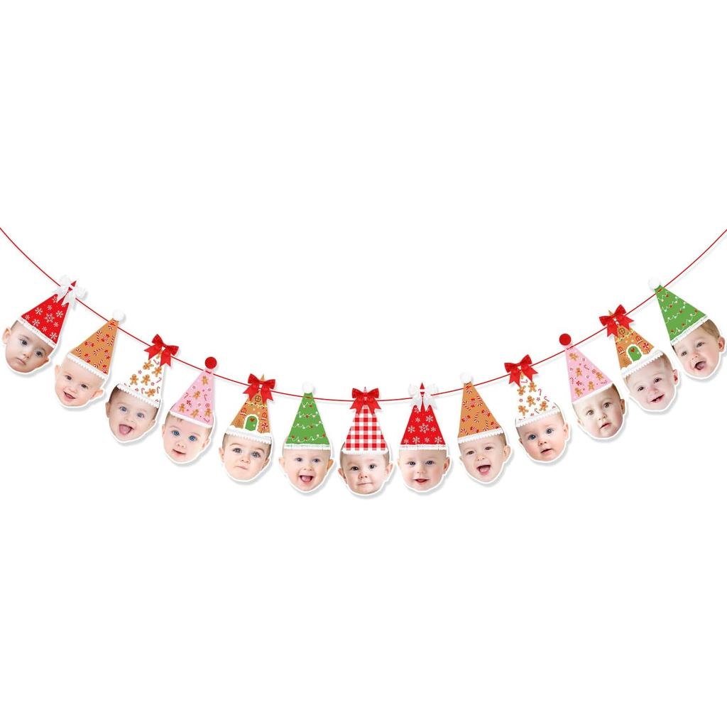 Christmas First Birthday Photo Banner, DIY Baby Face Birthday Banner Xmas Newborn to 12 Months Custom Face Banner Monthl