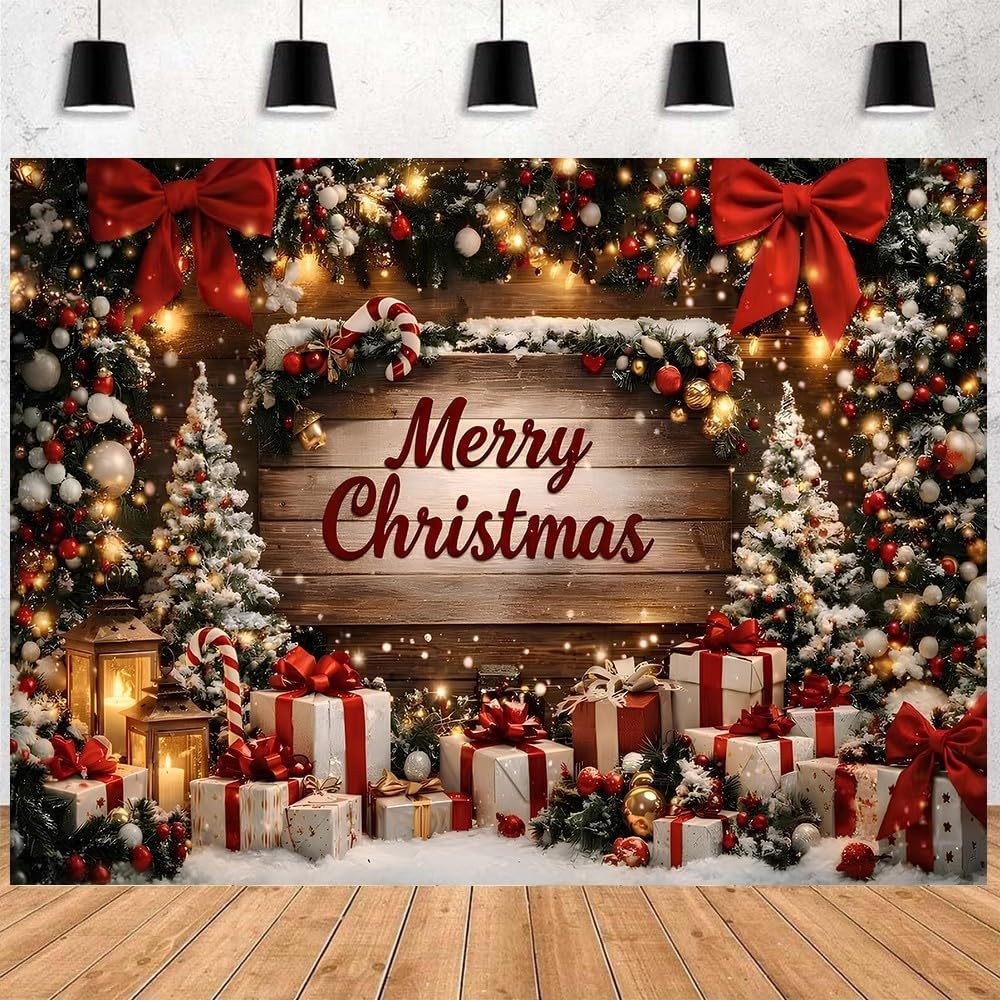 7x5 Pés Feliz Natal Pano De Fundo Madeira Xmas Pine Bow Caixa De Presente De Foto Árvore Flocada Com Neve Lanterna De Ba