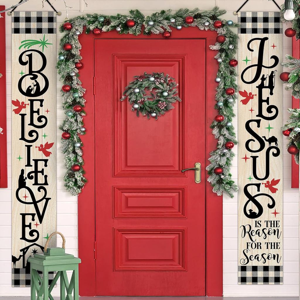 Christmas Nativity Christian Porch Banner Sign, Religious Xmas Believe Jesus Front Door Decorative Hanging Welcome Banne