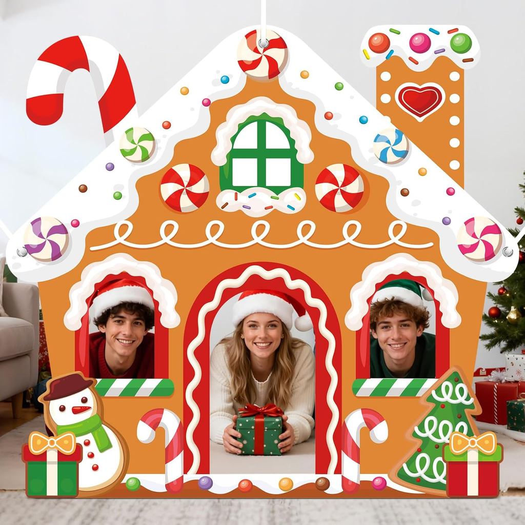 Large Christmas Party Decorations Christmas Gingerbread House Photo Booth Props Selfie Frame Fabric Backdrop Xmas Tree S