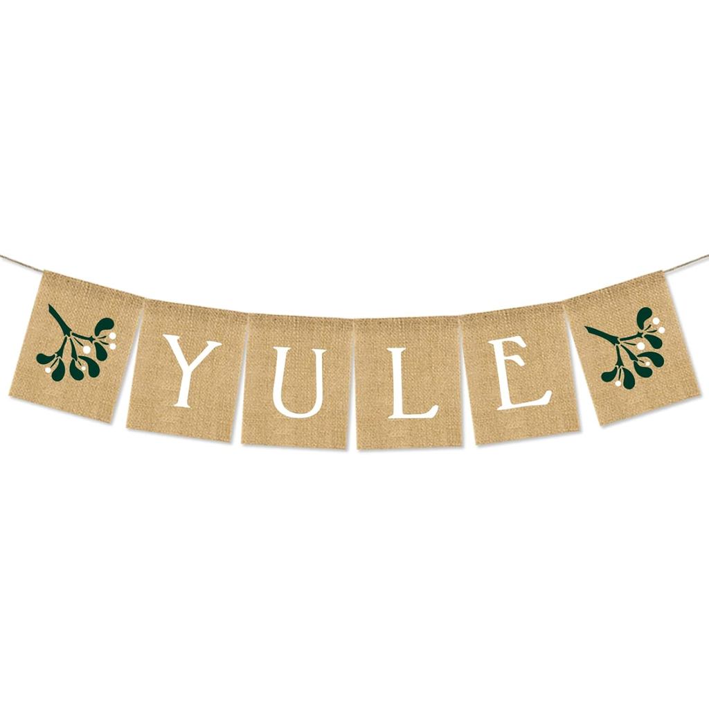 Whaline Yule Burlap Banner Rustic Christmas Mistletoe Hanging Banner Pre-Assembled Xmas Bunting Garland Celebration Hang