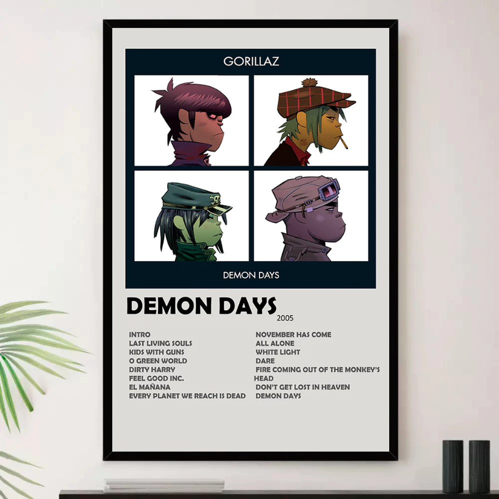 Quadro Placa Decorativa Música Internacional Gorillaz Indie Pop Dream Pop Álbuns com Moldura