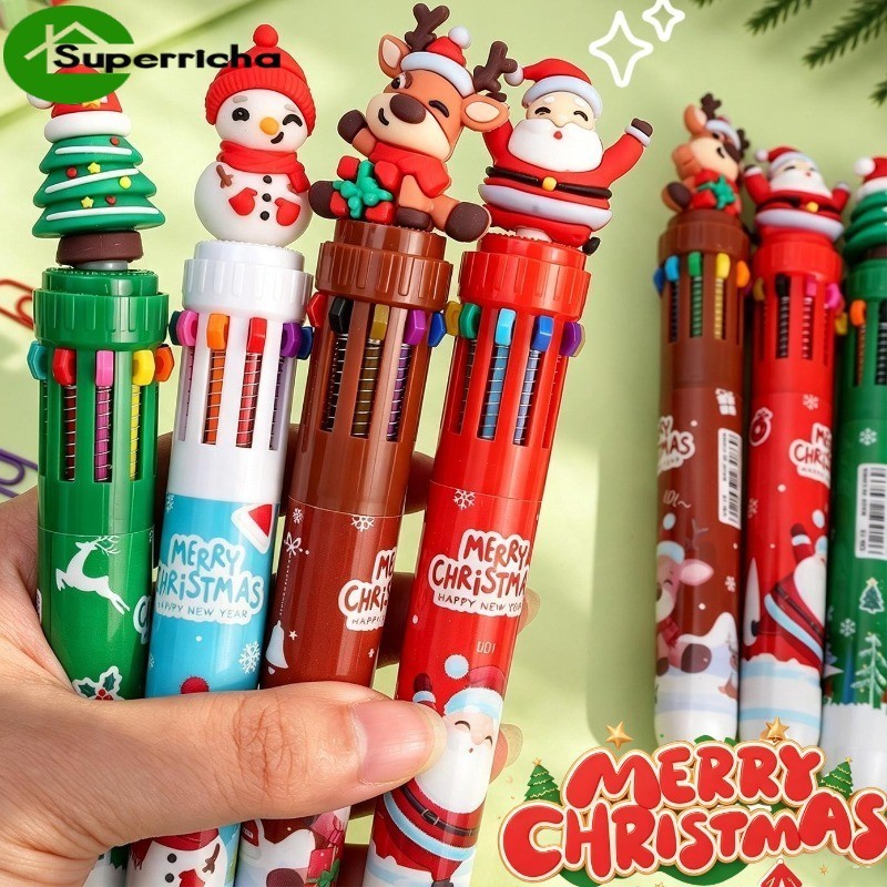 [Feliz Natal] Caneta Esferográfica Multicolorida De 10 Em 1 , Desenho 3D Papai Noel Boneco De Neve Rena Xmas-Tree Topper