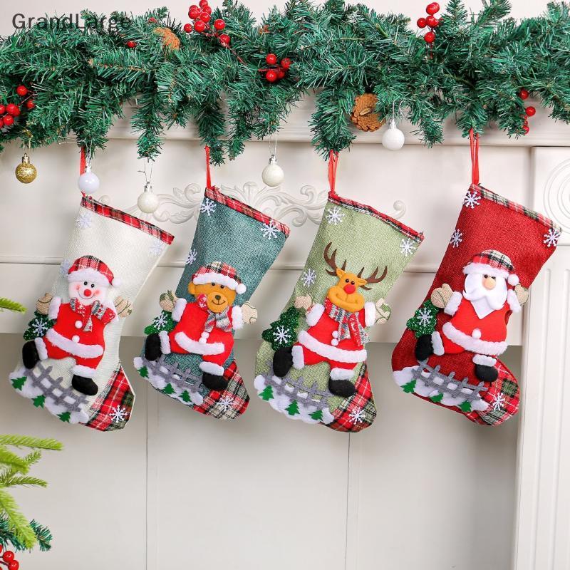[GrandLarge] Estacas De Natal De Linho Fofas 3D Papai Noel Boneco De Neve Designs Thiened Grande Capacidade Xmas Sos Par