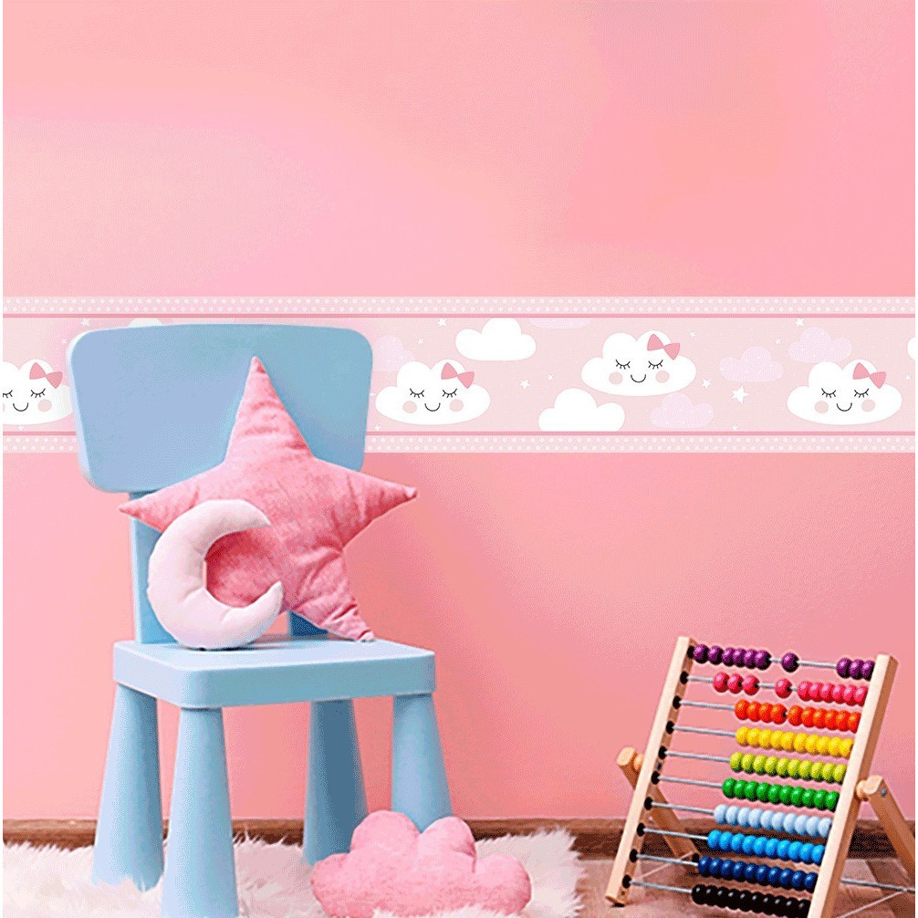 Kit Com 8 Faixa Decorativa Autocolante Infantil Nuvens Rosa