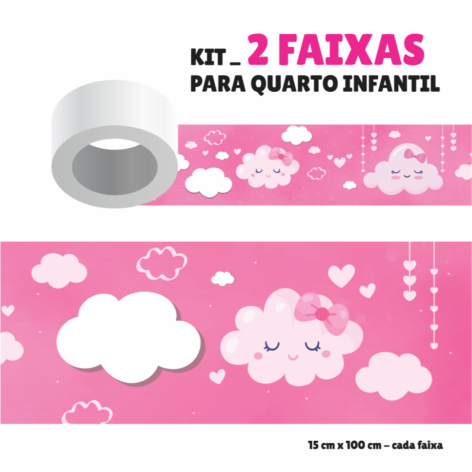 Kit com 2 Faixas Papel de Parede Border Faixa Adesiva Decoração Para Quarto Infantil Menina - NUVENS FOFAS