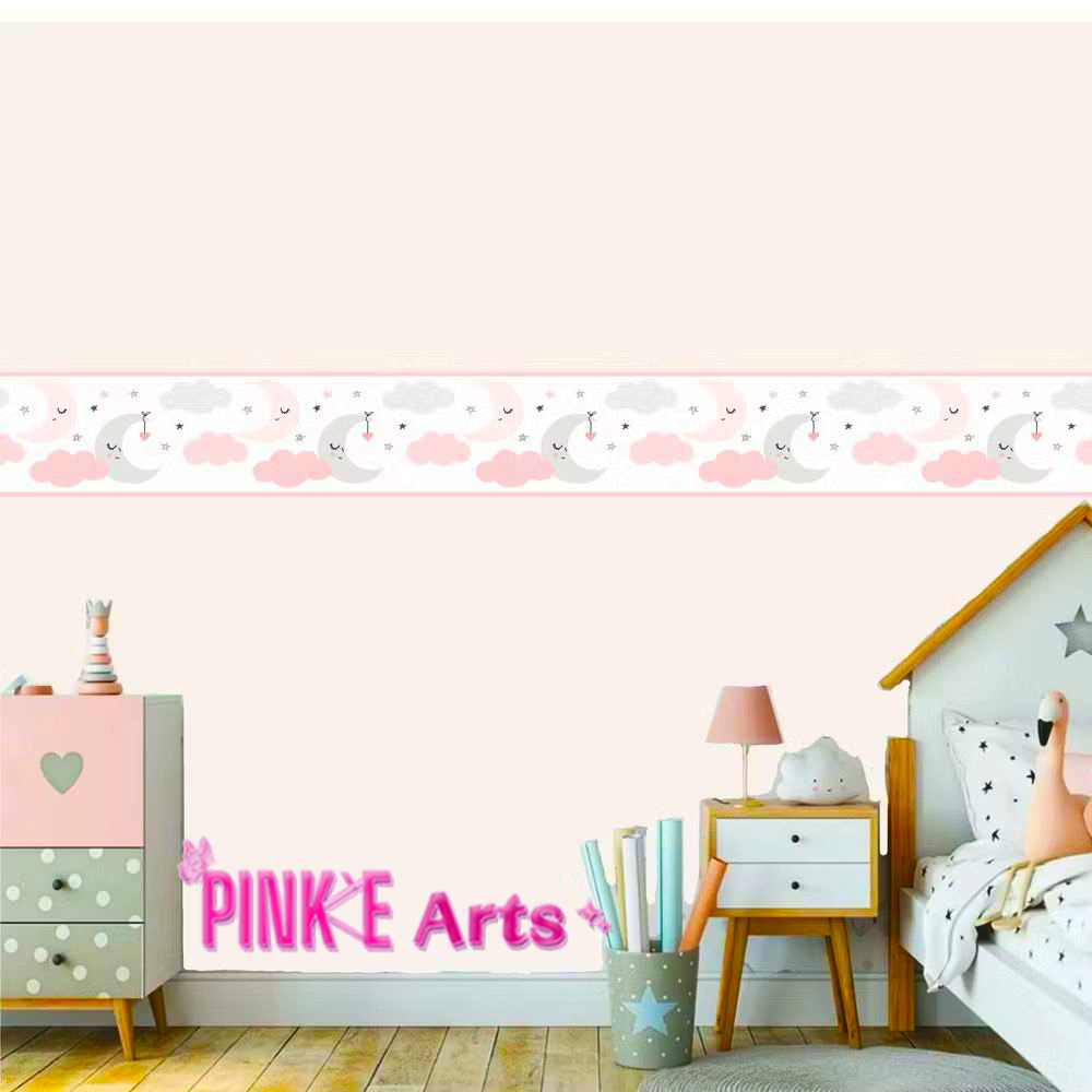 FAIXA DECORATIVA FAIXINHA AUTOCOLANTE NUVENS E LUA COR DE ROSA DECORAÇÃO QUARTO INFANTIL MENINA