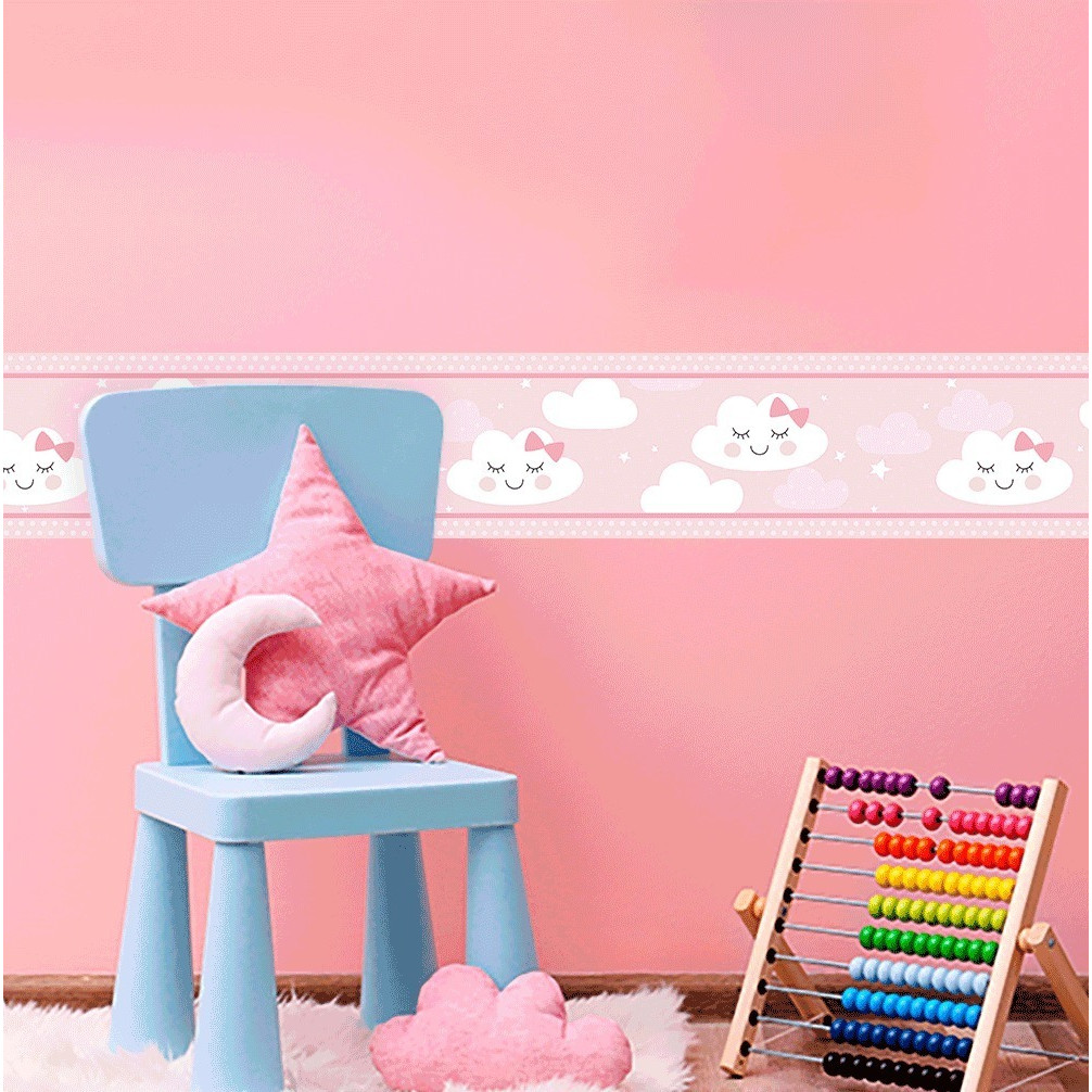 Kit Com 8 Faixa Decorativa Autocolante Infantil Nuvens Rosa