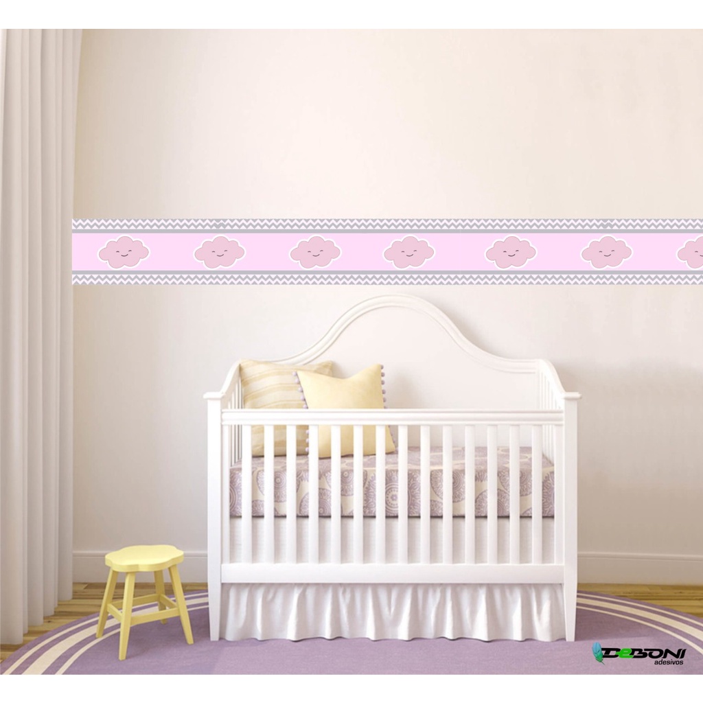 Faixa Decorativa Nuvem Rosa. Papel de Parede Quarto de bebê Personalizado. Adesivo decorativo.