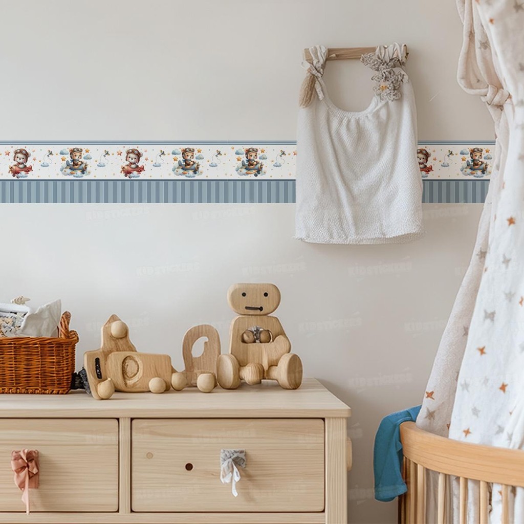 Adesivo Infantil Ursinho 06 Aviador Azul Nuvem Estrela Faixa Decorativa Parede Quarto Bebê Menino