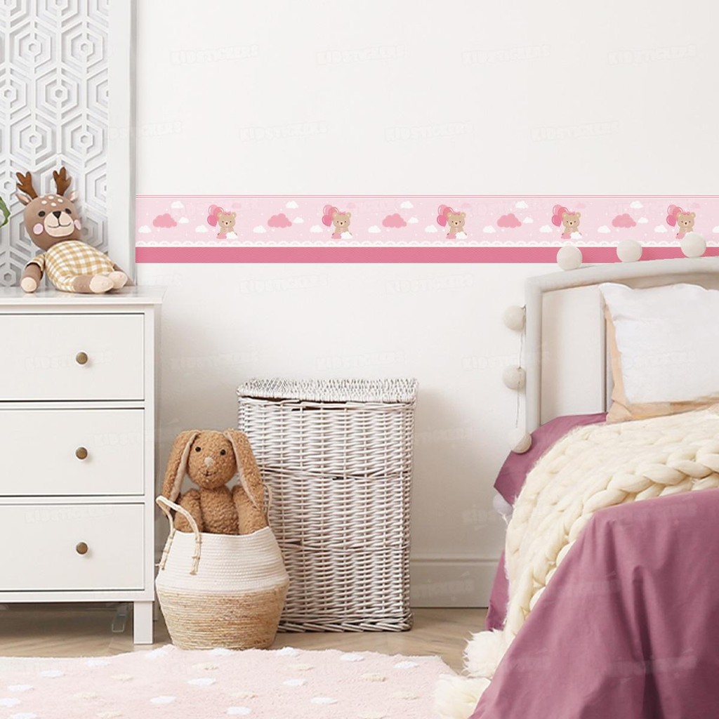 Adesivo Ursinha 05 Rosa Faixa Infantil Balão Nuvem Estrela Quarto Bebê Menina Parede Decoração