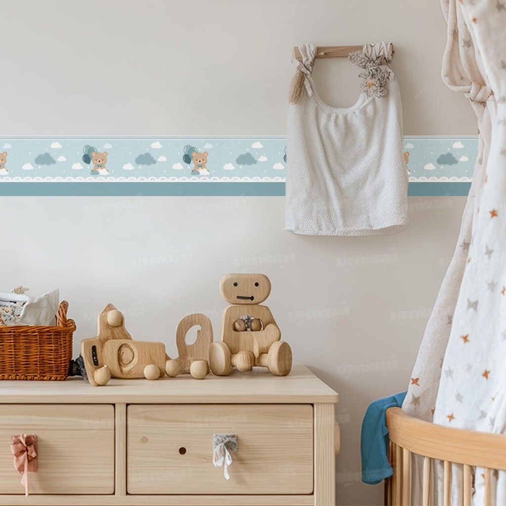 Adesivo Infantil Ursinho 04 Faixa Azul Balão Nuvem Estrelas Quarto Bebê Decoração Parede