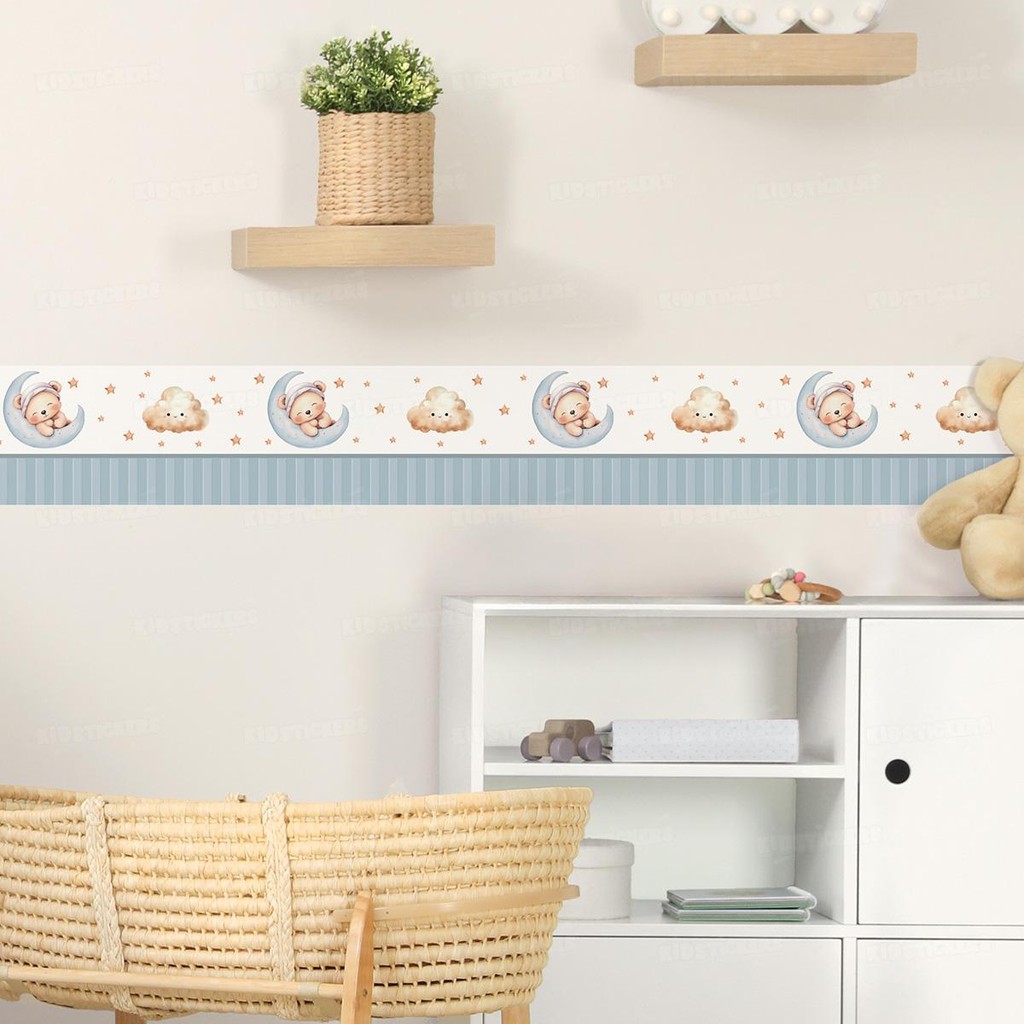 Adesivo Parede Infantil Ursinho 02 Azul Lua Nuvem Faixa Decorativa Quarto Bebê Menino Menina