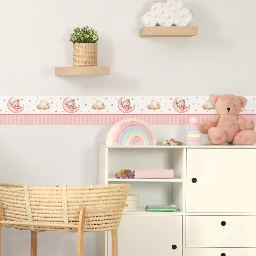 Adesivo de Parede Faixa Infantil Ursinho 01 Lua Nuvem Estrelas Decoração Quarto Bebê Menino