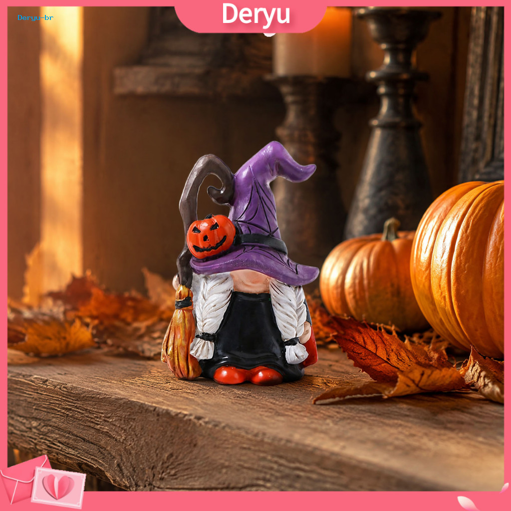 Dwarf Shape Sculpture Halloween Gnome Decor Witch Hat Figurine Mini Resin Statue Cute Ornament for Indoor Outdoor Holida