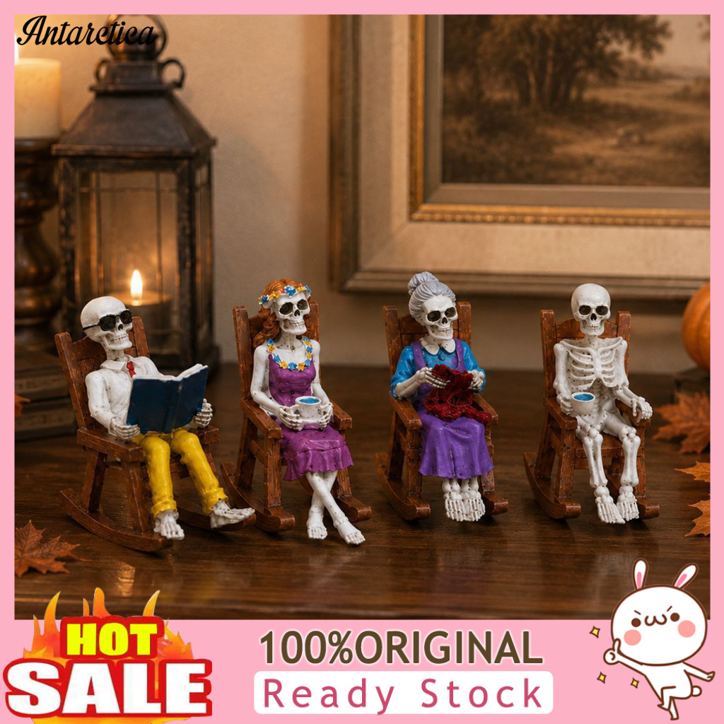 Skeleton Figurine for Home Decor Mini Chair Statue Halloween Resin Sitting on Drinking Coffee Crocheting Reading Unique