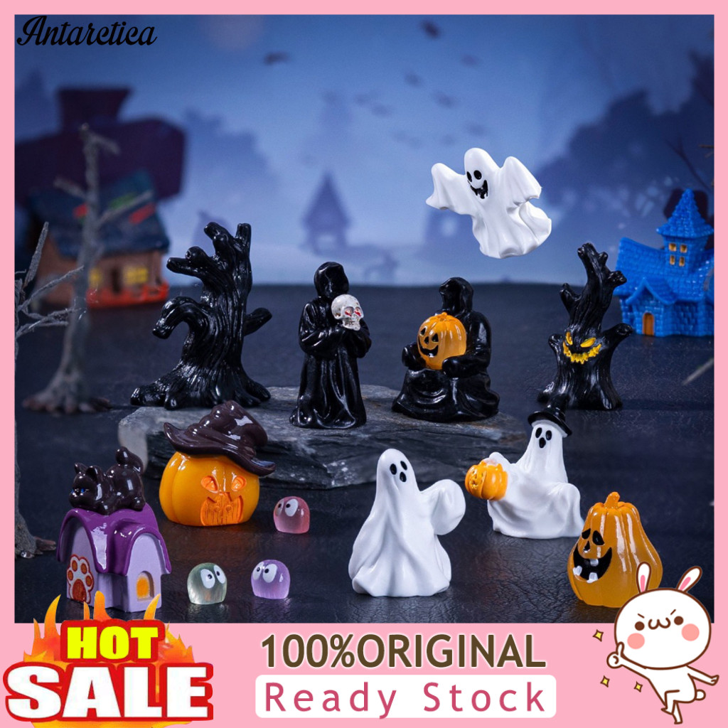 Halloween Figurine Diy Micro Landscape Decor 3pcs Mini Resin Figurines – Pumpkin Ghost Grim Reaper Statues for Spooky