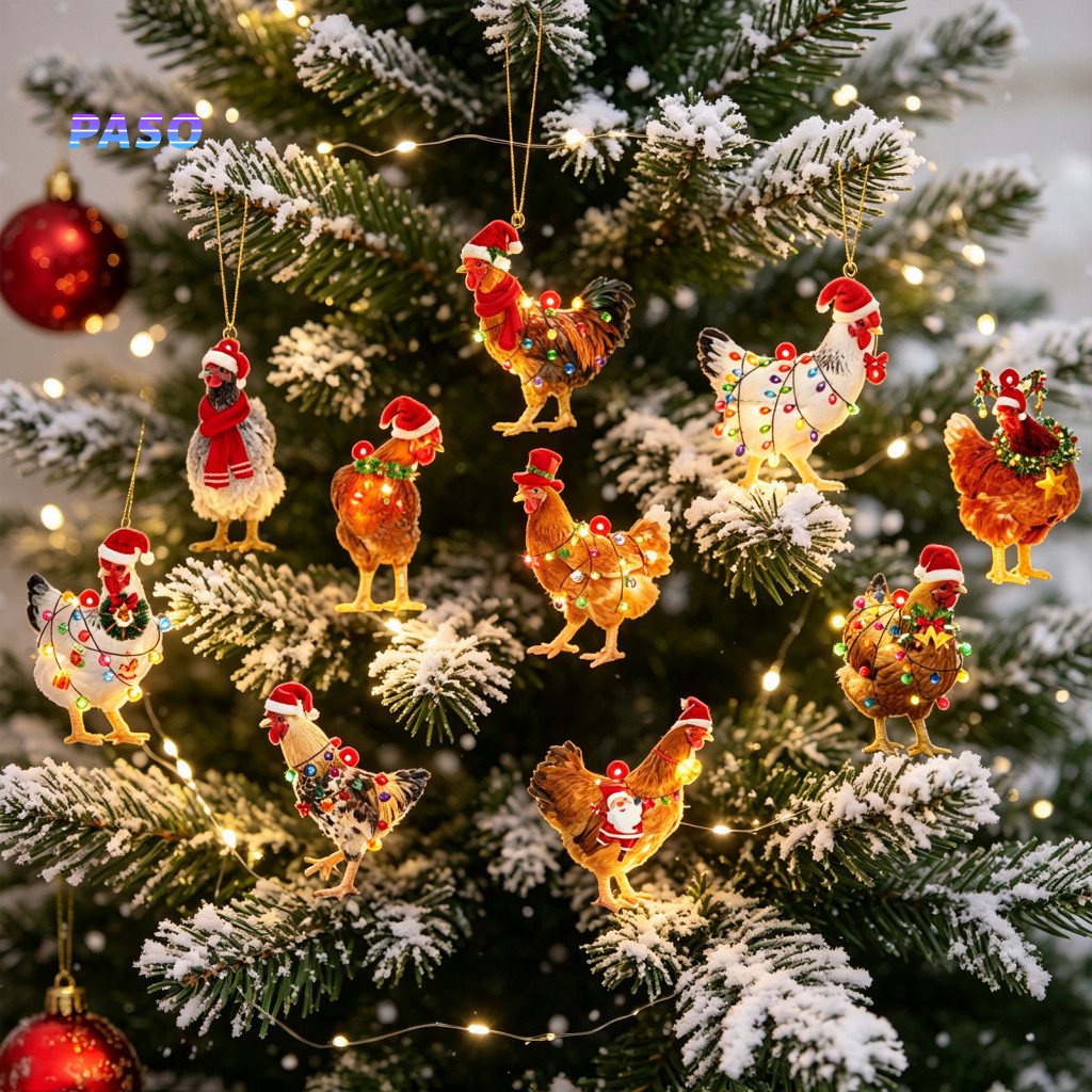 Wooden Chicken Ornaments for Christmas Tree Rustic Hanging Decor Mini Ornament Cute Rooster with Santa Hat for Home