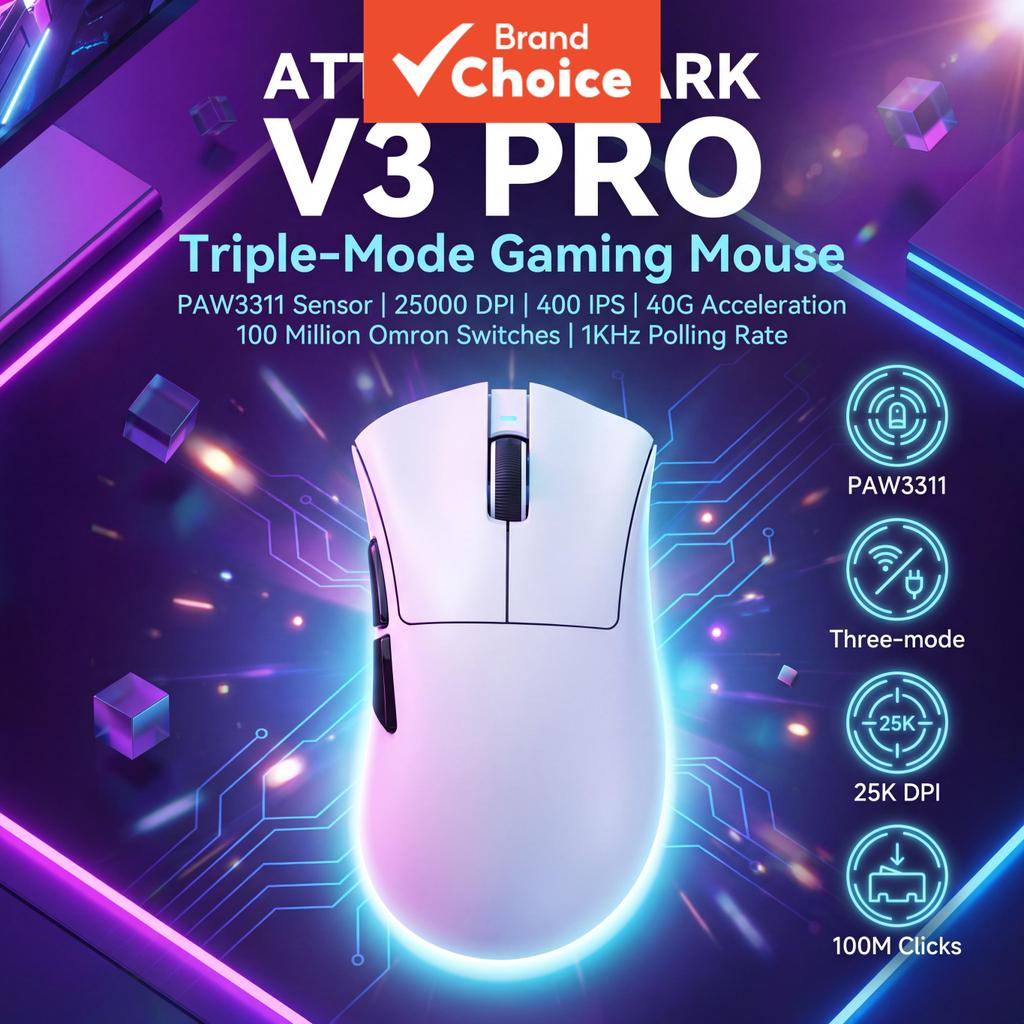 Mouse Gamer Attack Shark V3PRO PAW3311 Sensor Óptico 25000 DPI Ajustáveis Velocidade de Rastreamento 400IPS