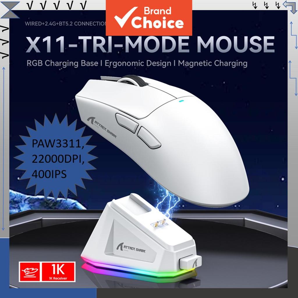 Mouse Gamer Leve Attack Shark X11 Tri Mode, sensor PAW3311, 22000DPI, 400IPS, 40G, 1KHz, iluminação RGB e carregamento