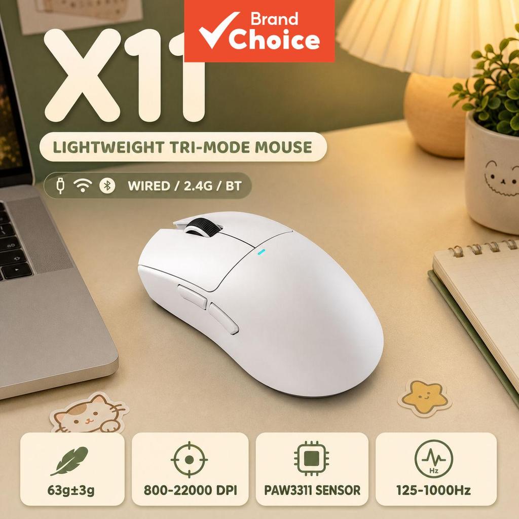 Mouse Gamer Sem Fio Attack Shark X11 Sensor PixArt PAW3311 DPI Ajustável 800–22000, Acompanhamento 400 IPS, Aceleração