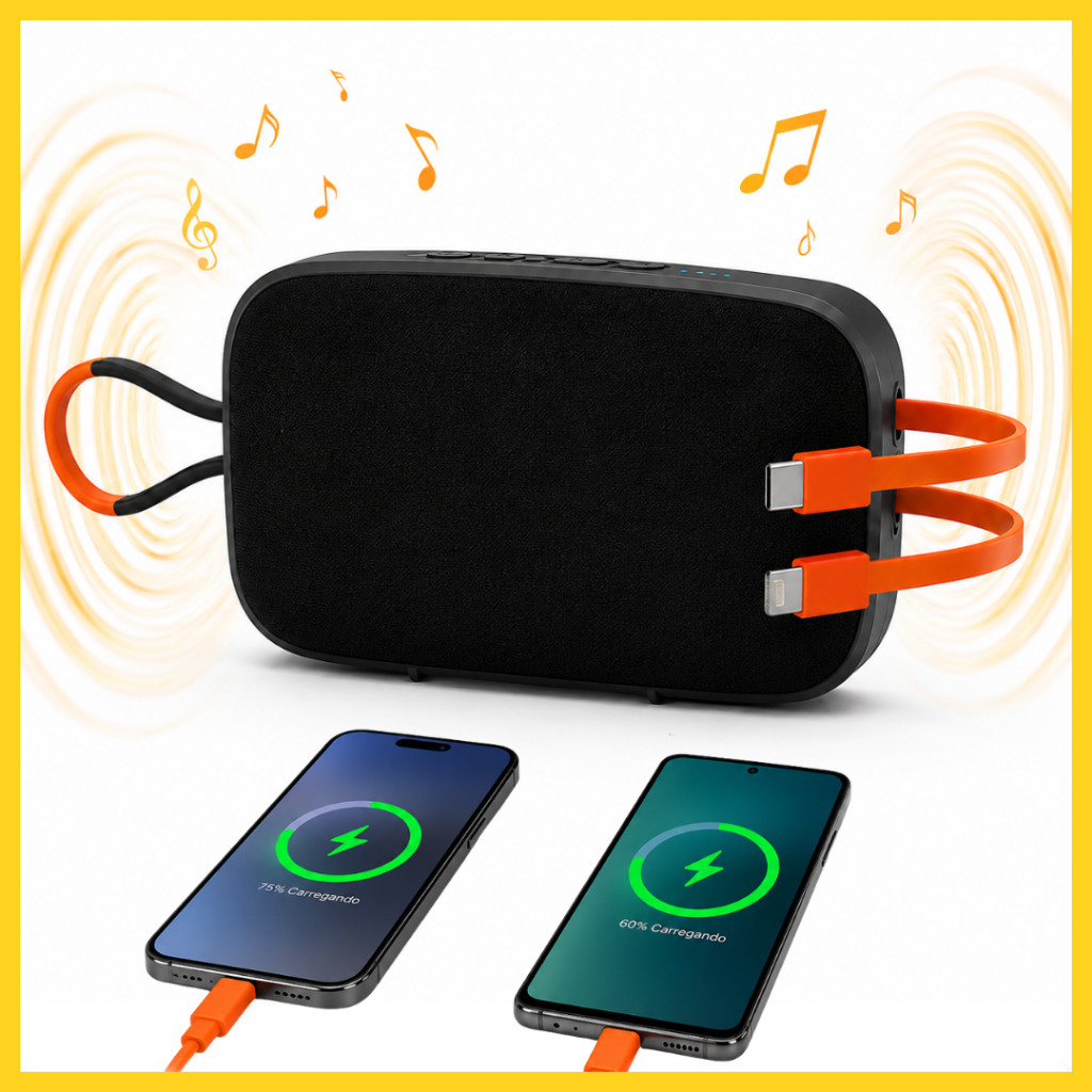 Caixa de Som Portátil 30W com Power Bank Carregador Integrado Bluetooth Cabo Tipo C e Lighting Android e iPhone