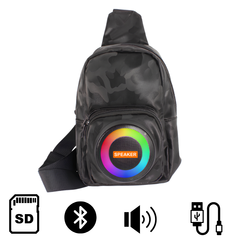 Bolsa Sling Camuflada CH-M802 com Alto-Falante Bluetooth 10W RGB, Rádio FM, Power Bank e Leitor USB/TF