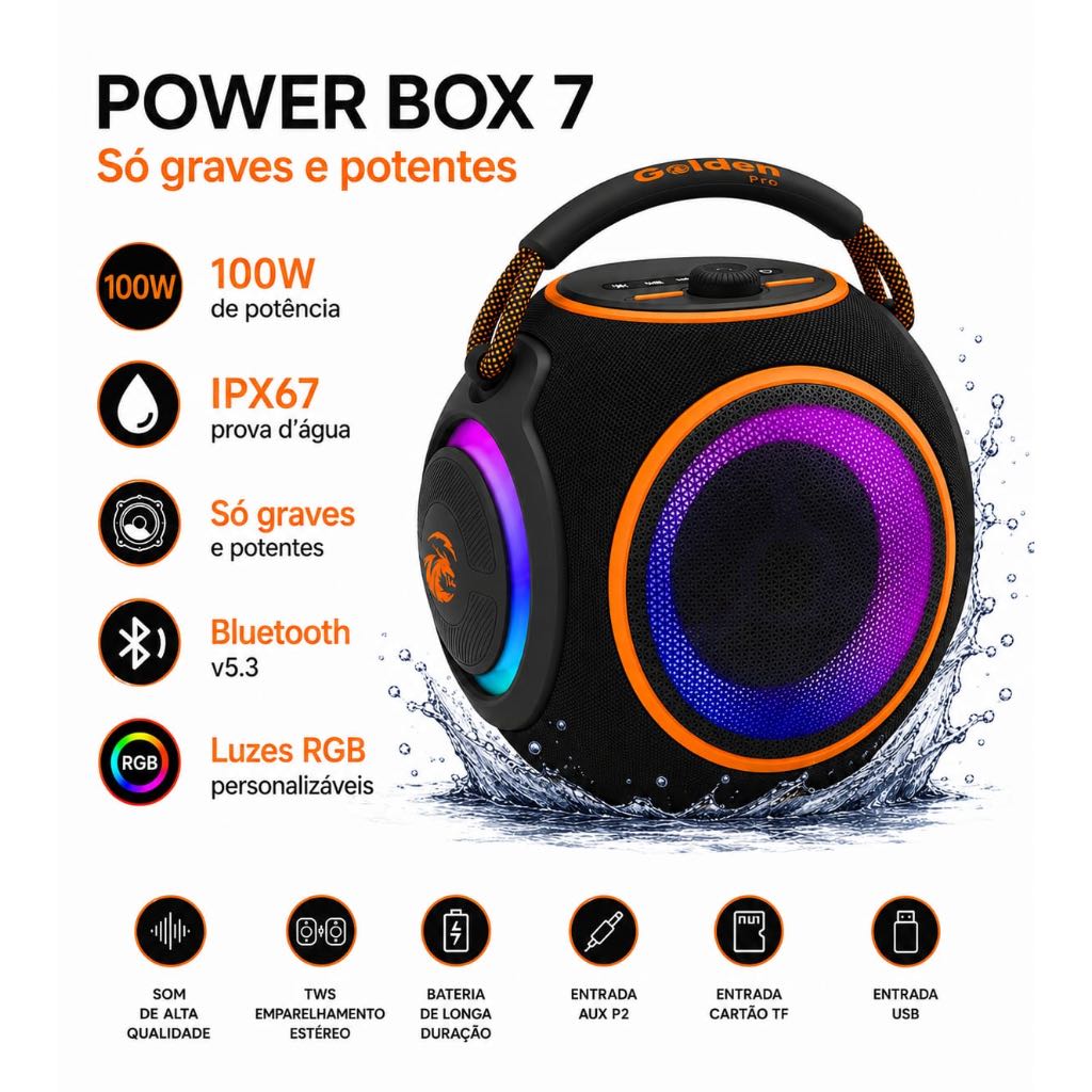 caixa de som golden pro GP-5500 POWER BOX 7 IPX67 100W LUZES RGB
