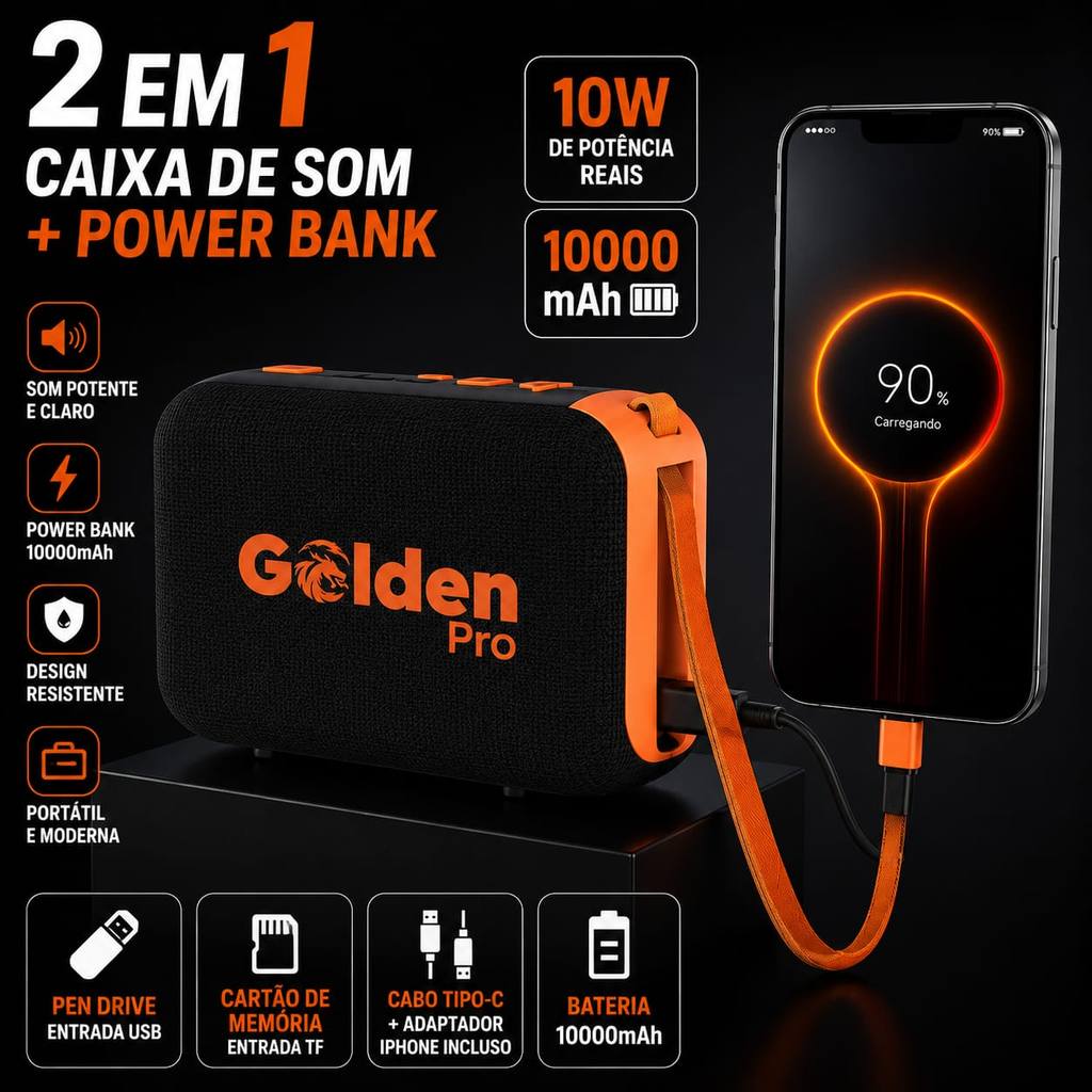 CAIXA DE SOM + POWER BANK 10000mAh GOLDEN PRO 10W LUZES RGB