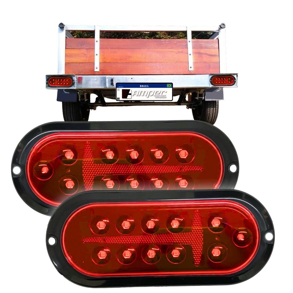 Par Lanterna Traseira LED Carreta Carretinha Reboque Vermelha Universal 11 Leds Meia Luz Pisca Freio