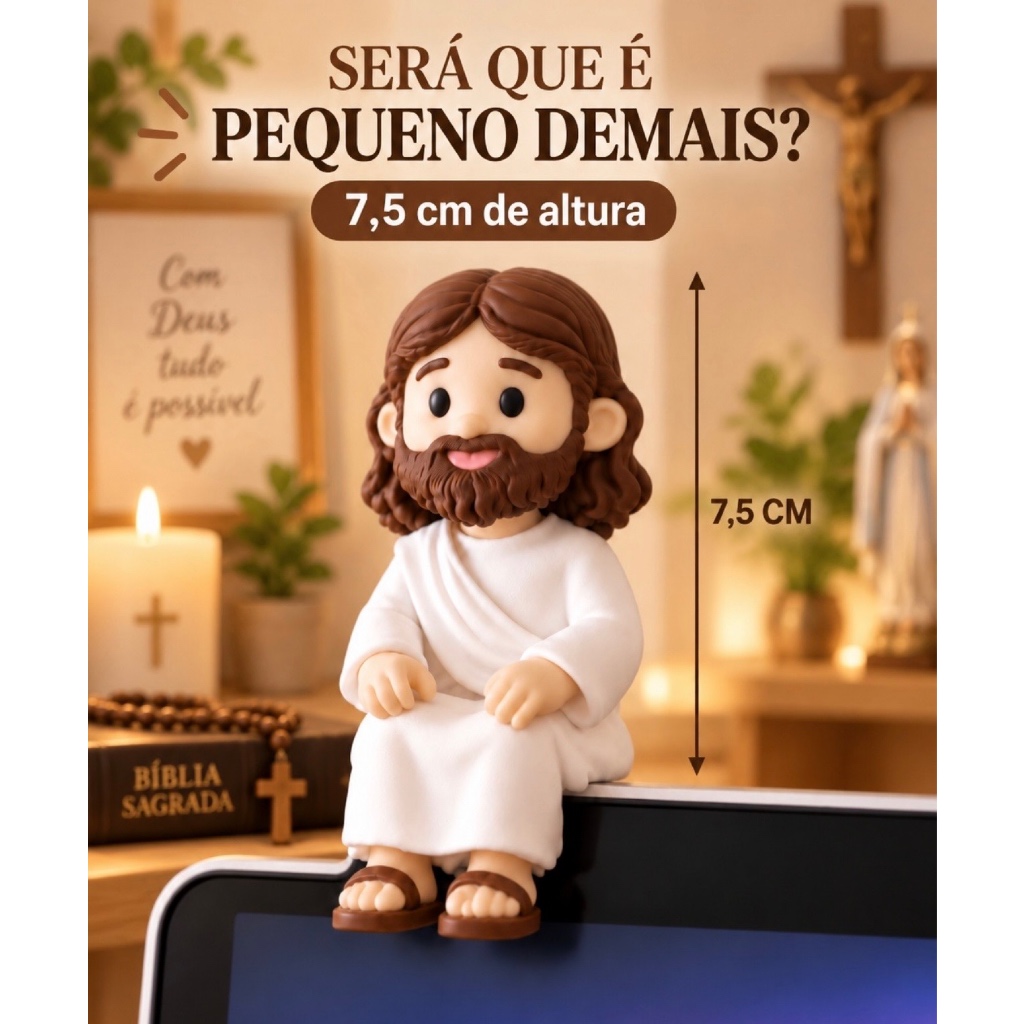 Mini Jesus Sentado tamanho 7,5cm Impressão 3D Decorativo Para Monitor Mesa Prateleira Nicho Carro