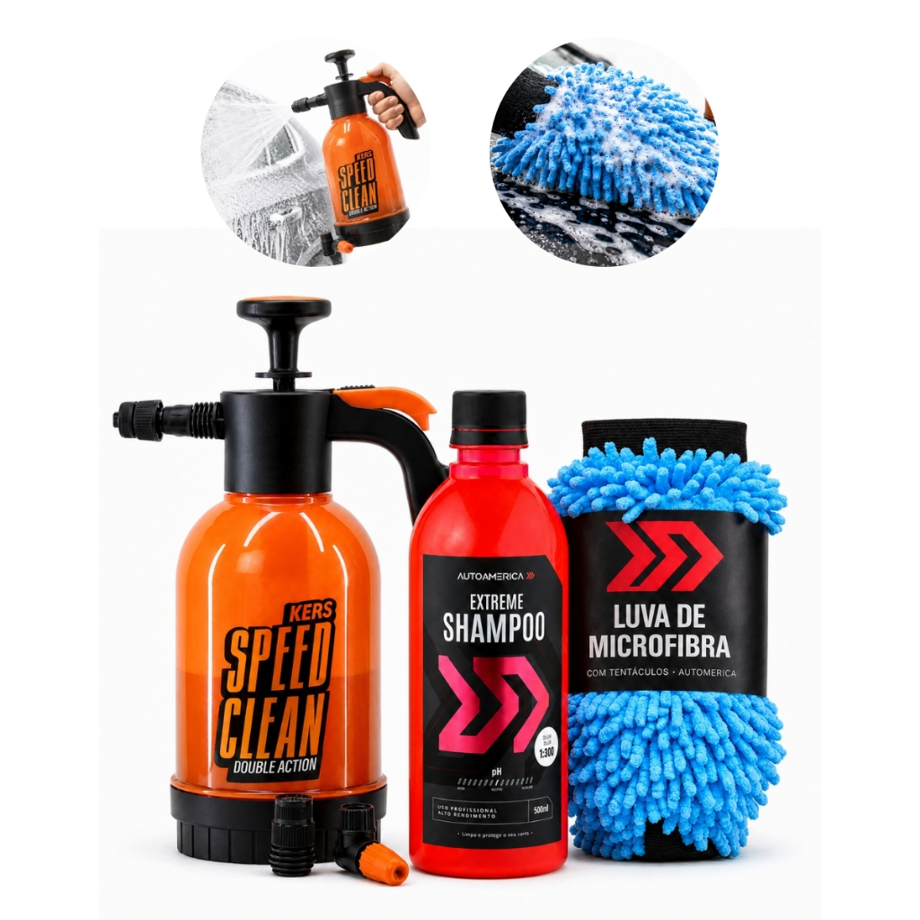 Kit Pulverizador Speed Clean Snow Foam 2L Kers + Shampoo Extreme 500ml + Luva Microfibra Automotiva