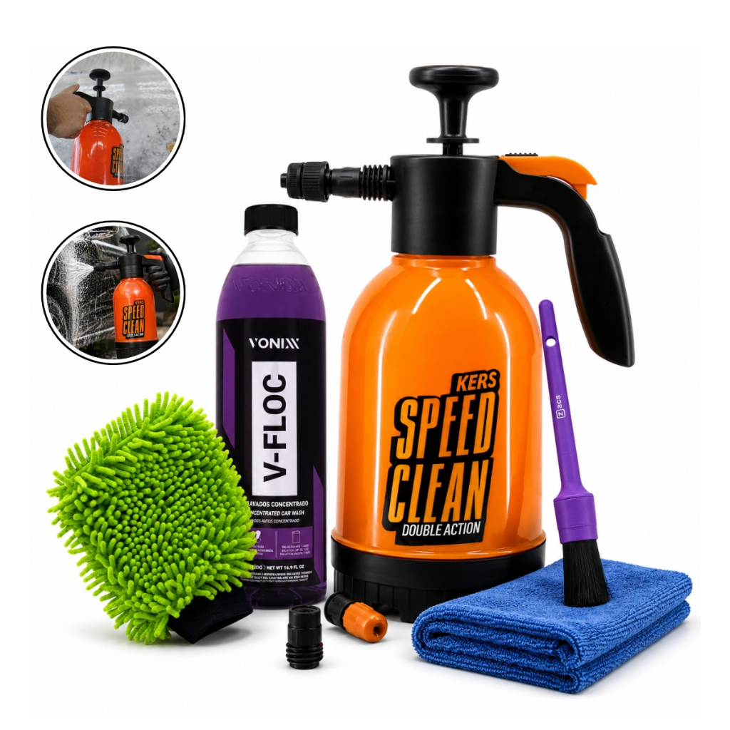 Kit Vonixx Shampoo V-Floc 500ml Pulverizador Speed Clean Kers Luva Microfibra Pincel Externo Flanela