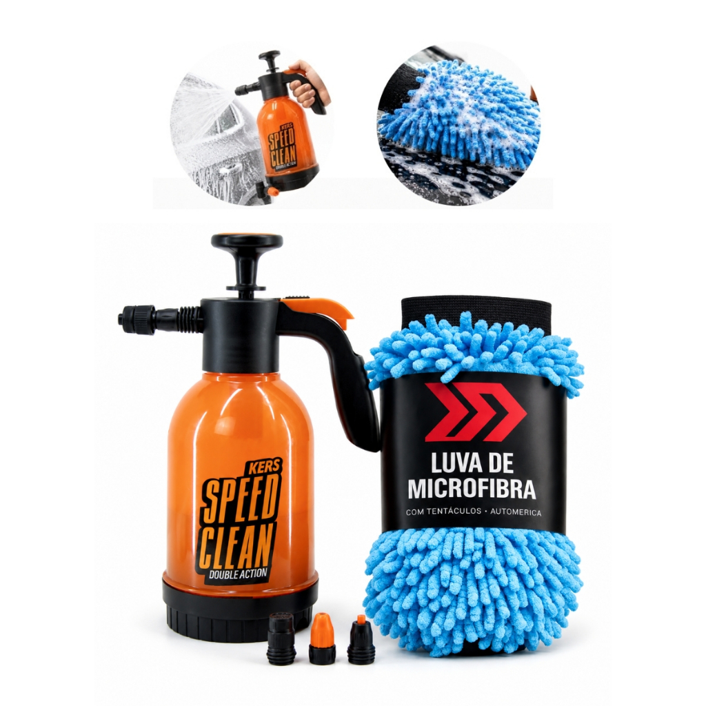 Kit Pulverizador Speed Clean Snow Foam 2L Kers + Luva Microfibra Tentáculos Limpeza Automotiva