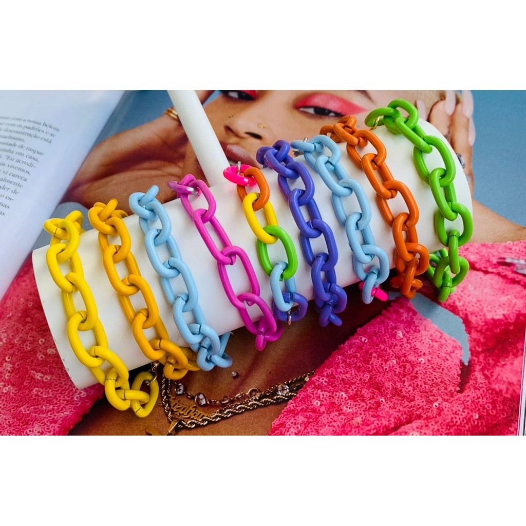 Pulseiras de correntes Coloridas cores vivas elo pintado tendência Verão