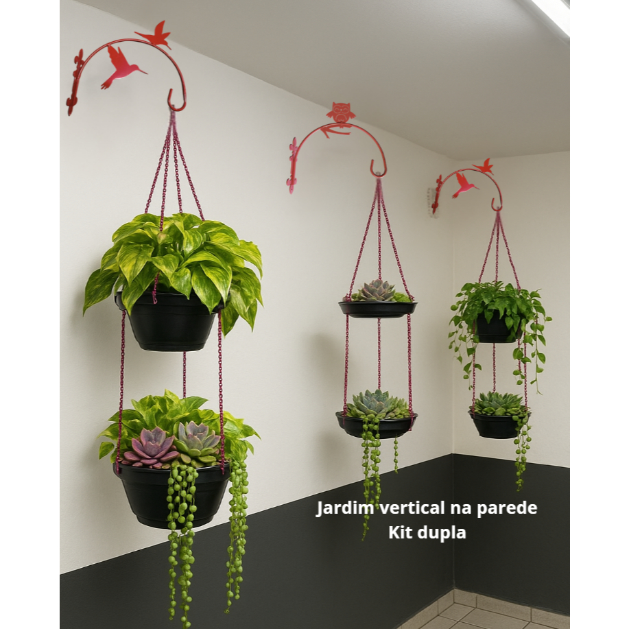 Suporte para Plantas de Parede Jardim Vertical Kit Duplo Metal Pintado Vaso Suspenso Decorativo 8 Cores