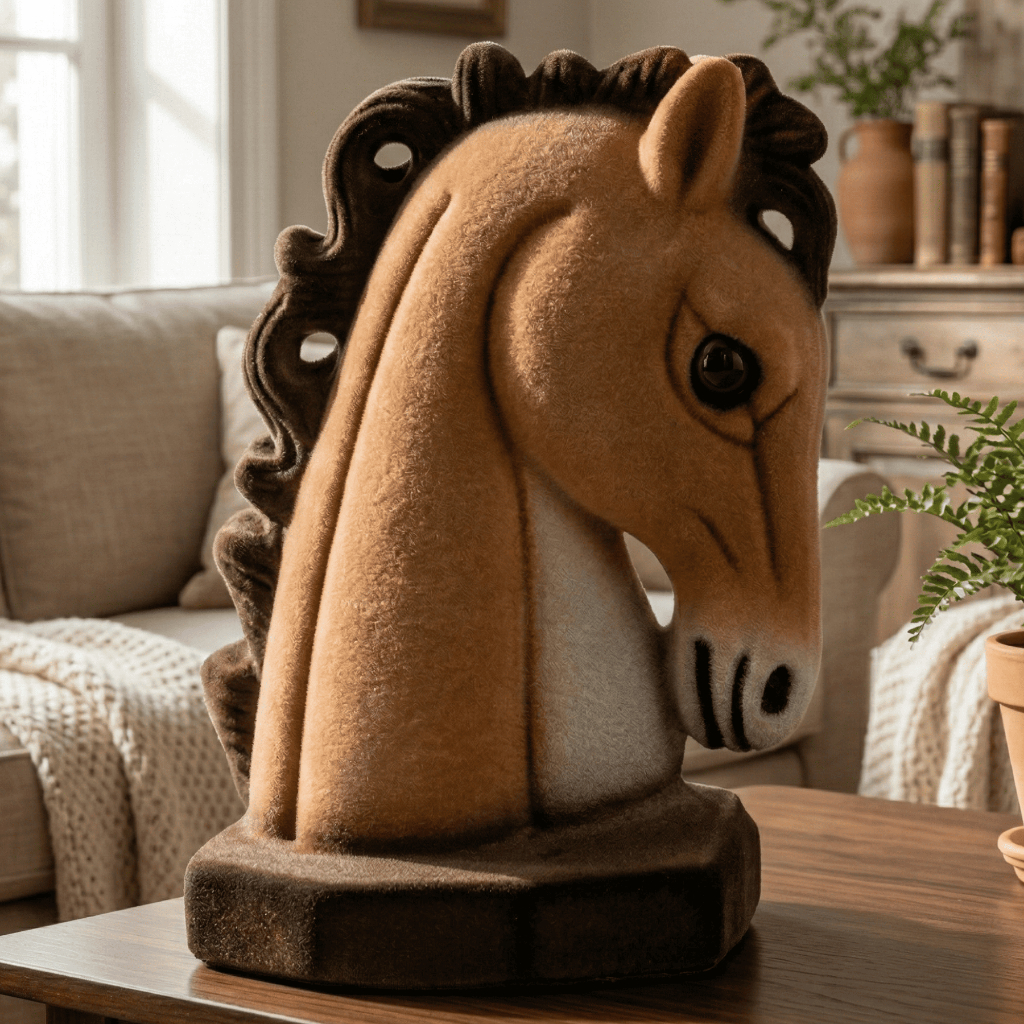 Estatueta Cavalo Decorativo Em Gesso Revestido De Camurça Lindo Pintado A Mão Cor Marrom E Caramelo