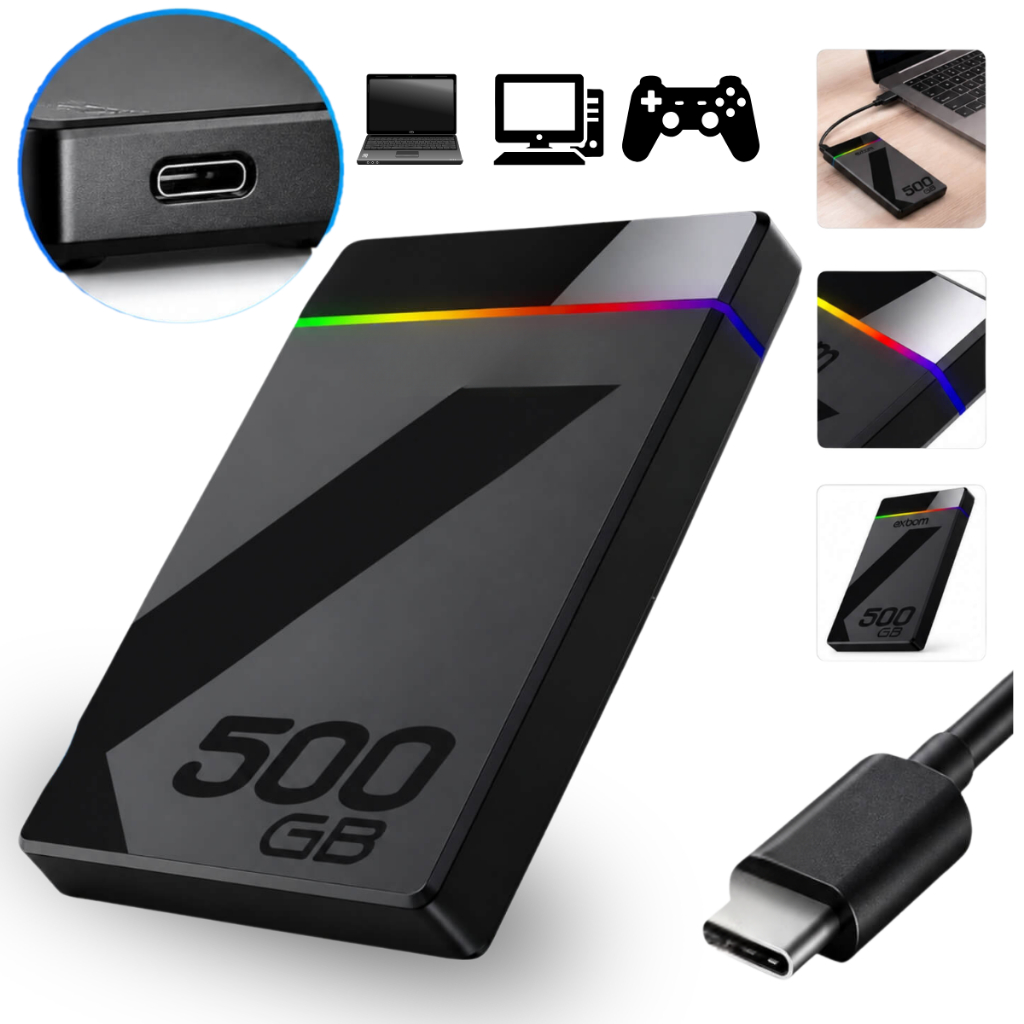 HD Externo 500GB Portátil USB 3.1 Tipo C Slim RGB