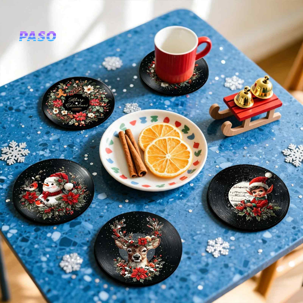 Christmas Wooden Coasters Retro Santa Elk 6/9 Pcs with Storage Holder Heat-resistant Drink Mats Claus Winter for Home