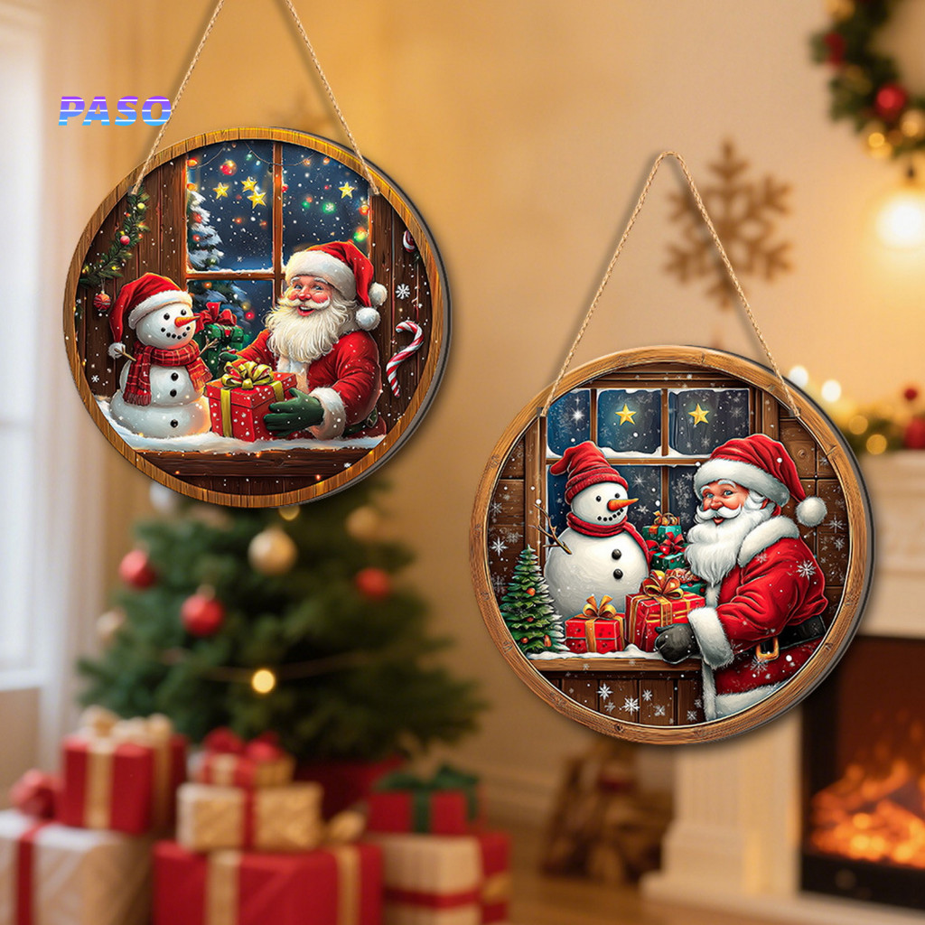 Farmhouse Style Festive Entryway Decor Christmas Wooden Hanging Ornaments Vintage Santa Round Wall Ornament for Door Win