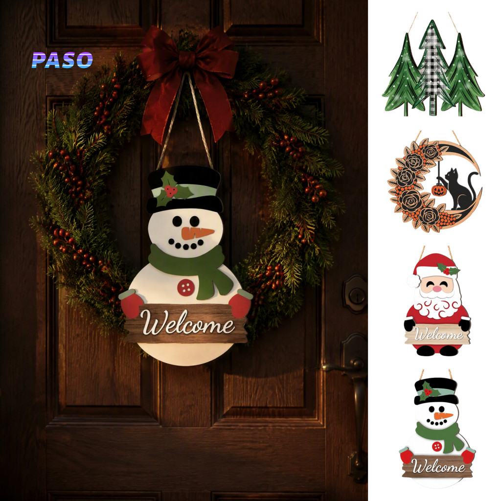 Porch Welcome Hanging Plaque Christmas Door Hanger Wooden Sign Cute Santa Snowman Tree with Rope Xmas Wall Front for Sou